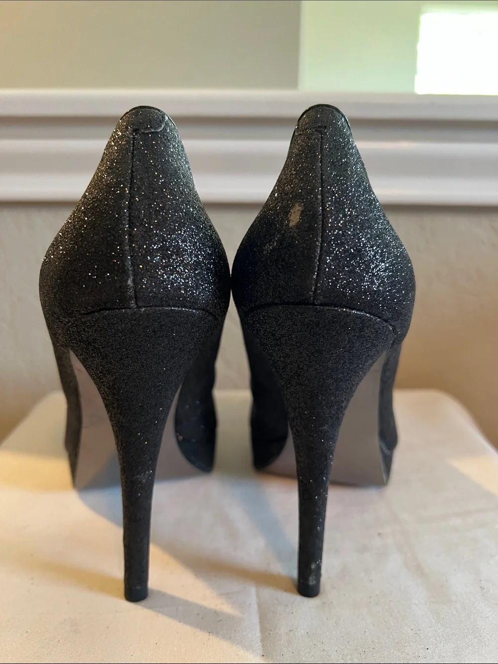 Steve Madden Black Glitter Open-Toe Platform Pumps